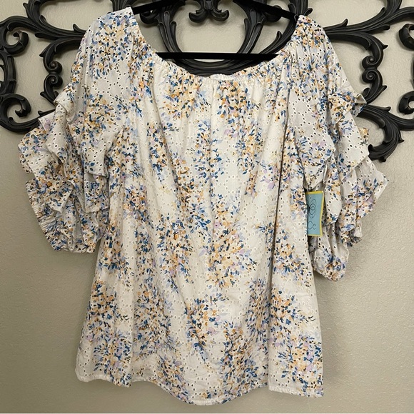 CeCe Women’s Peasant Eyelet Floral Blouse Ruffled Sleeve Cottage Size L - Picture 3 of 13